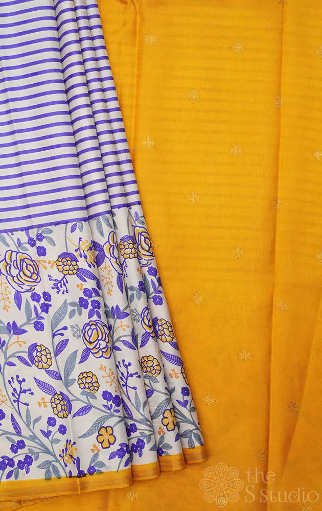White kanjivaram silk saree with violet and yellow prints