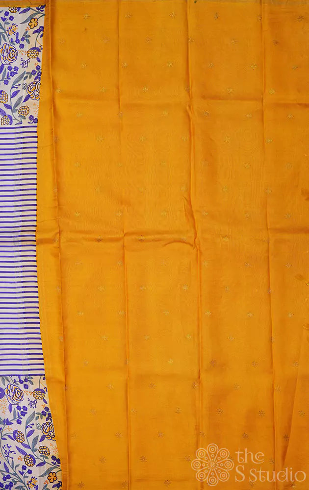 White kanjivaram silk saree with violet and yellow prints