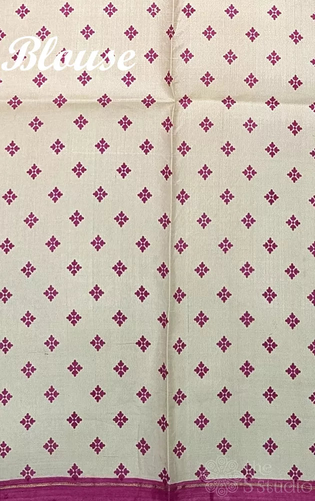 Cream kanchipuram silk saree with rani pink prints