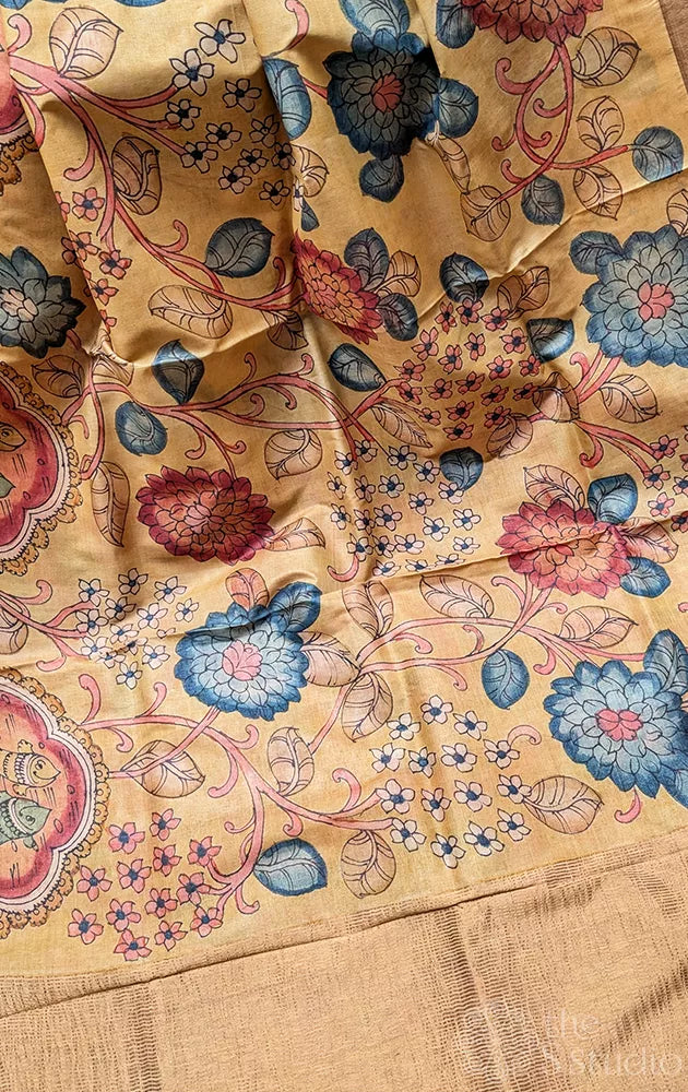 Hand painted kalamkari tussar silk saree in yellow