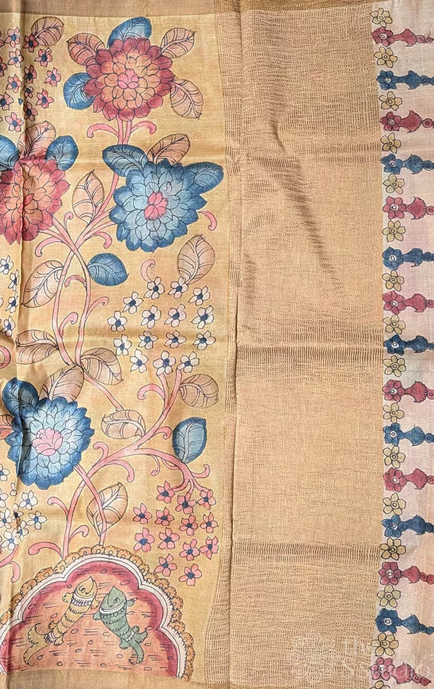 Hand painted kalamkari tussar silk saree in yellow