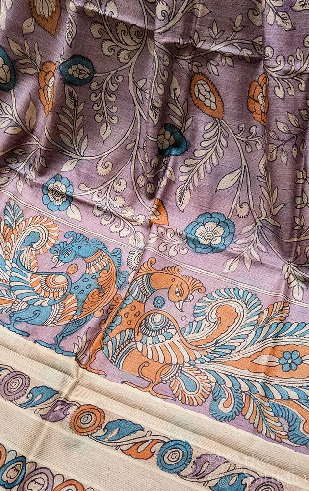 Lavendar tussar kalamkari hand painted saree with floral designs