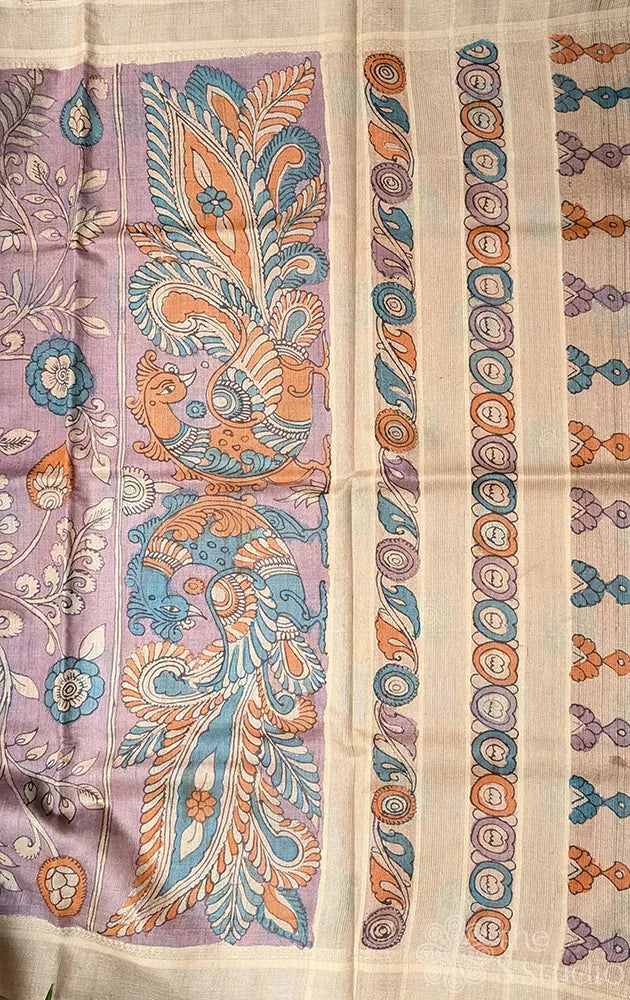 Lavendar tussar kalamkari hand painted saree with floral designs