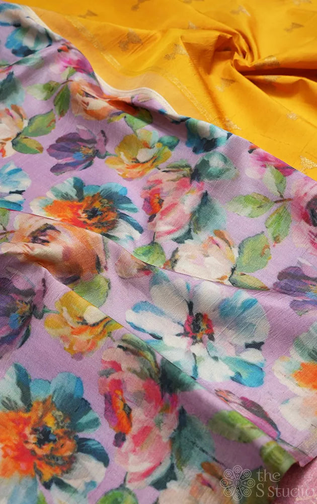 Lavendar printed kanchi silk saree with yellow jhumka woven pallu