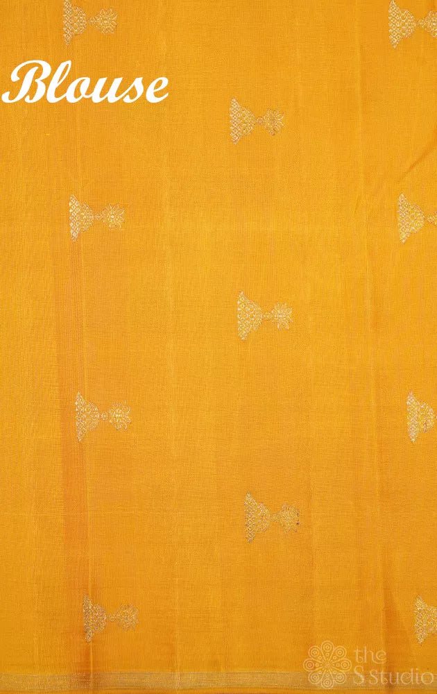 Lavendar printed kanchi silk saree with yellow jhumka woven pallu