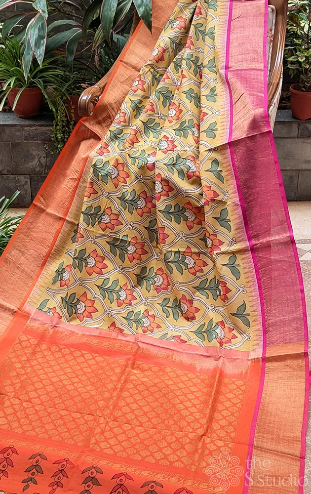 Yellow hand painted kalamkari silk cotton saree with ganga jamuna border