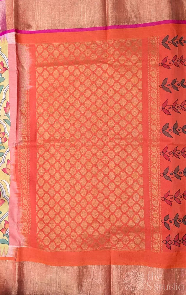 Yellow hand painted kalamkari silk cotton saree with ganga jamuna border