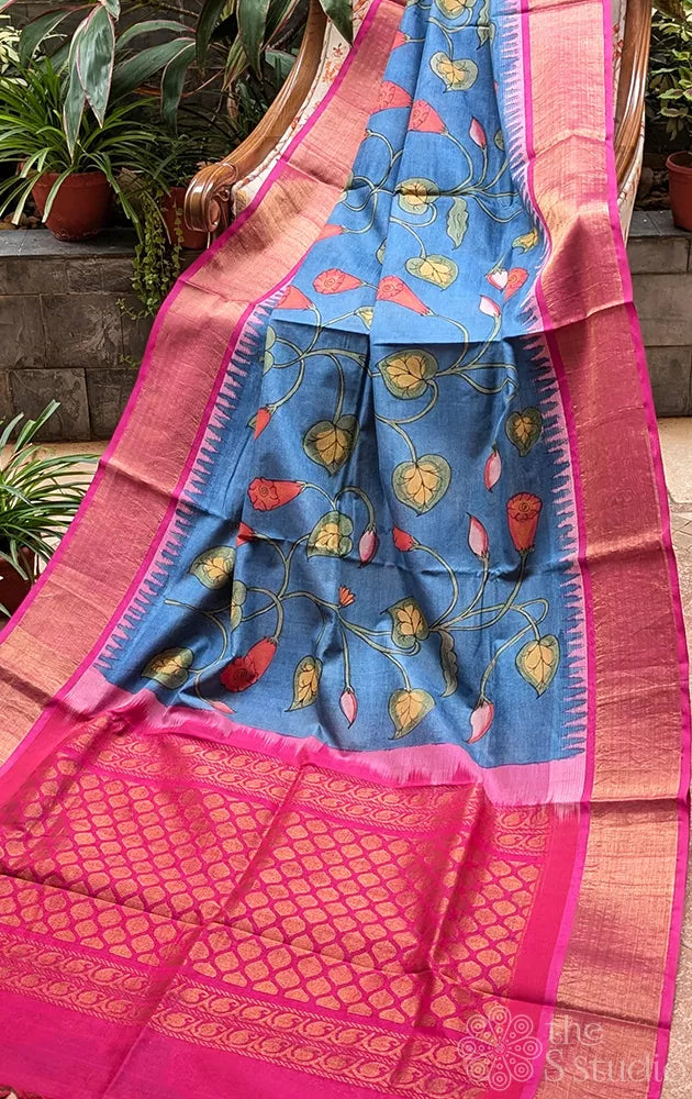 Blue hand painted kalamkari saree in silk cotton with ranipink border