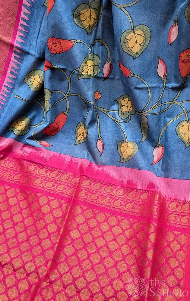 Blue hand painted kalamkari saree in silk cotton with ranipink border