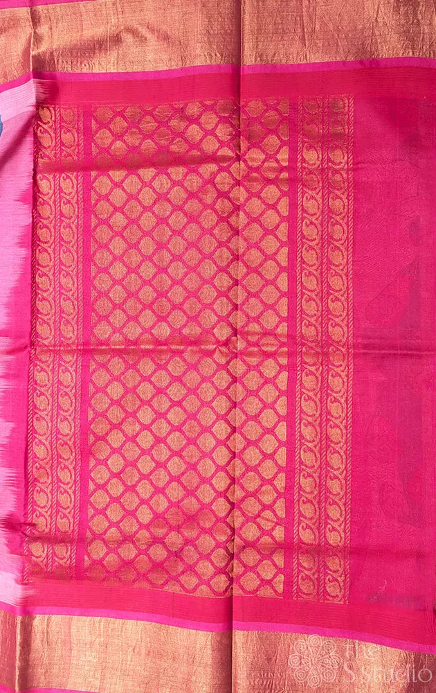 Blue hand painted kalamkari saree in silk cotton with ranipink border
