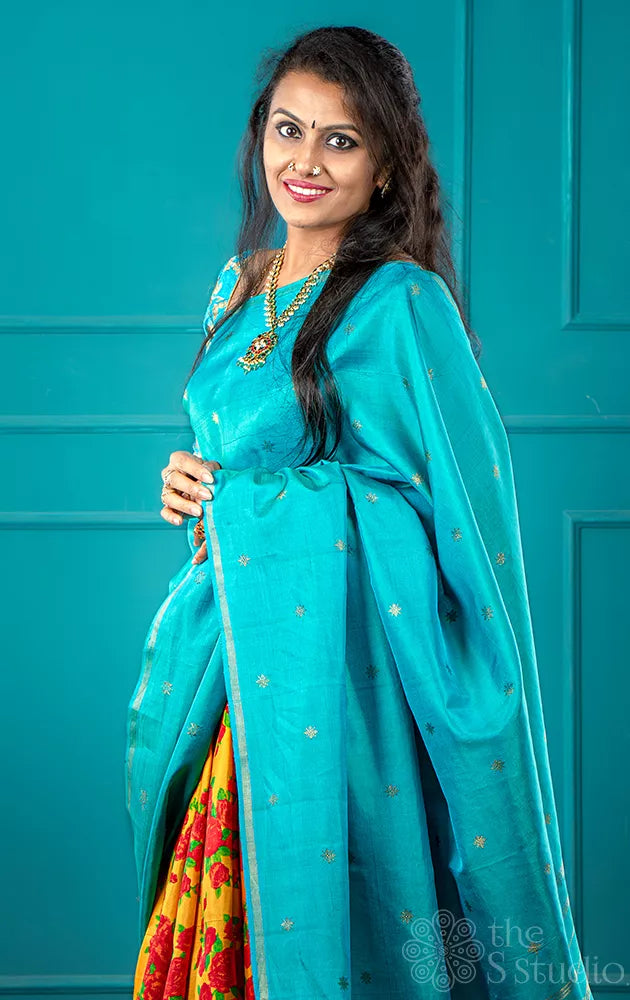 Yellow and sea green reversible digital printed kanchi silk saree