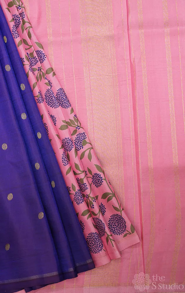 Light pink and violet reversible kanchipuram silk saree with prints