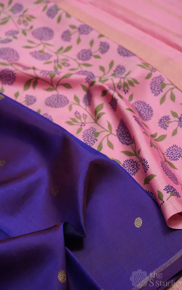 Light pink and violet reversible kanchipuram silk saree with prints
