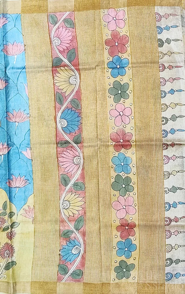 Blue tussar silk pen kalamkari saree in pichwai style