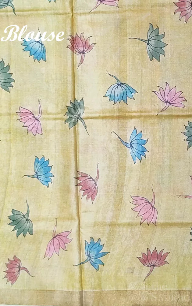 Blue tussar silk pen kalamkari saree in pichwai style