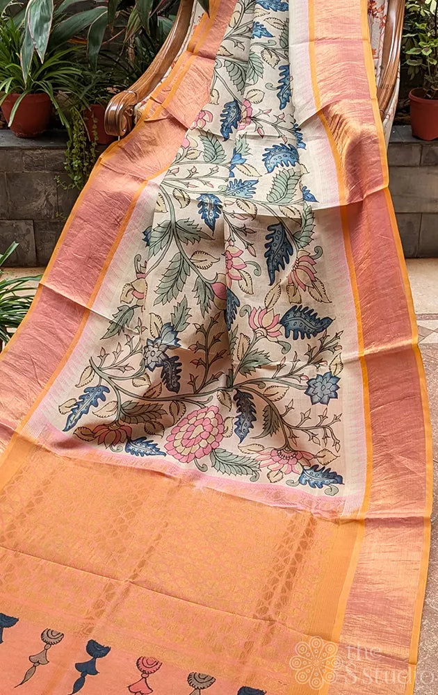 Off white handpainted kalamkari saree in silk cotton with peach border