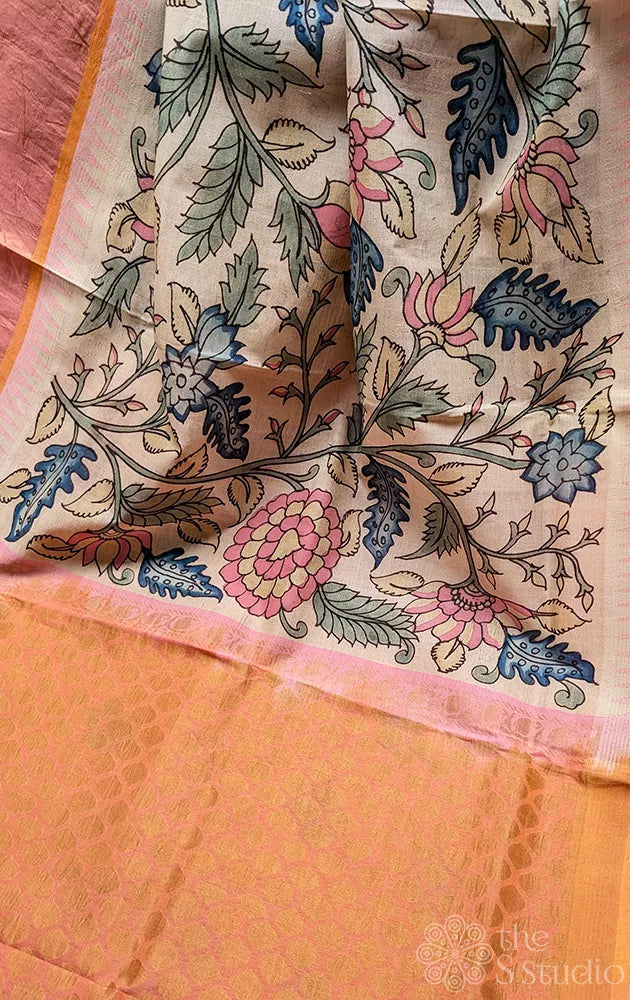 Off white handpainted kalamkari saree in silk cotton with peach border