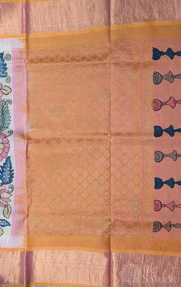 Off white handpainted kalamkari saree in silk cotton with peach border