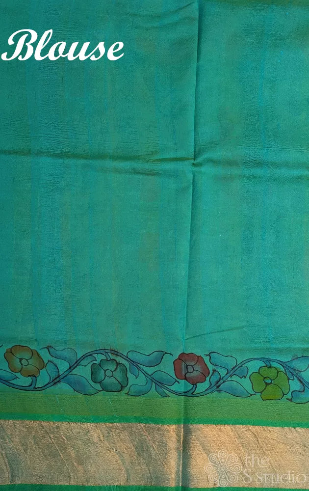 White original handpainted kalamkari saree in silk cotton with blue border
