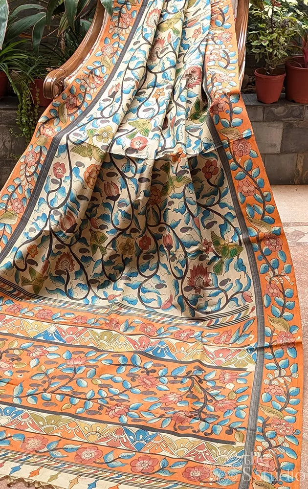 Beige kanchi kalamkari saree with orange border