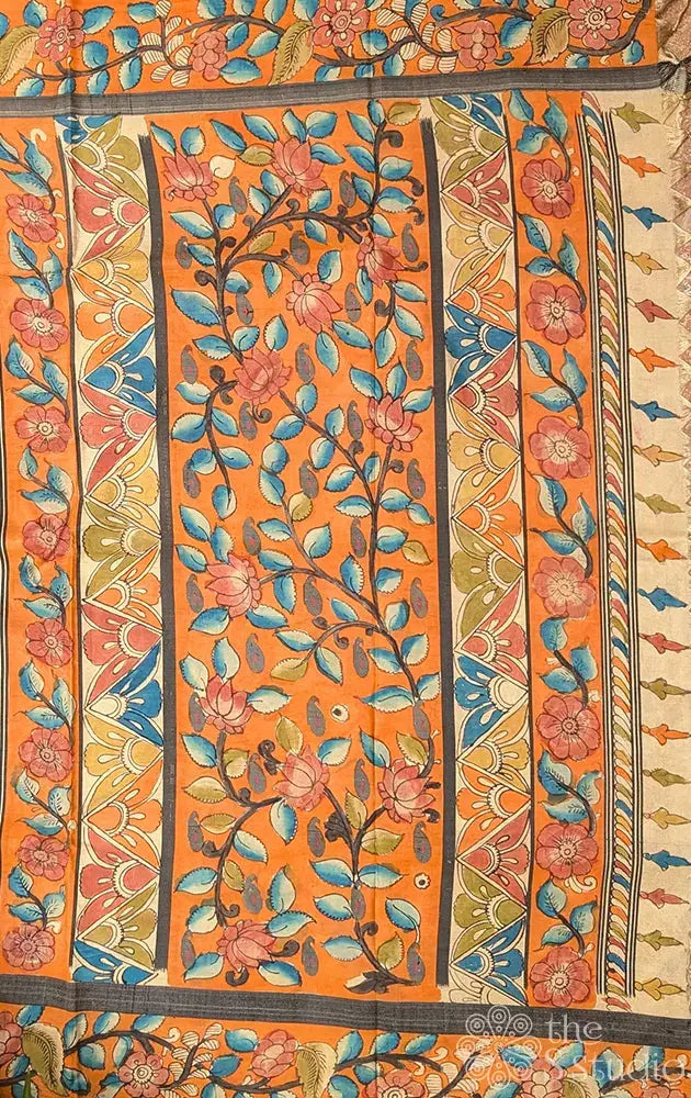 Beige kanchi kalamkari saree with orange border