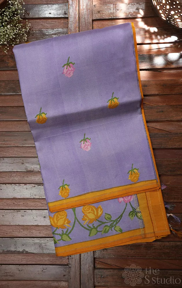Lavendar digital printed kanchipuram silk saree with mustard pallu