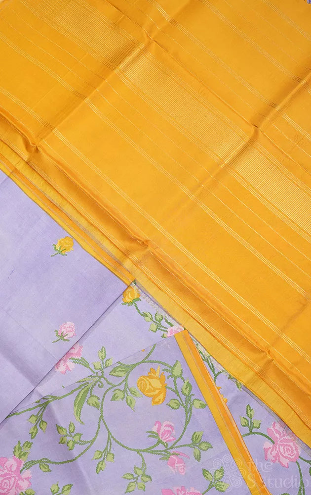 Lavendar digital printed kanchipuram silk saree with mustard pallu