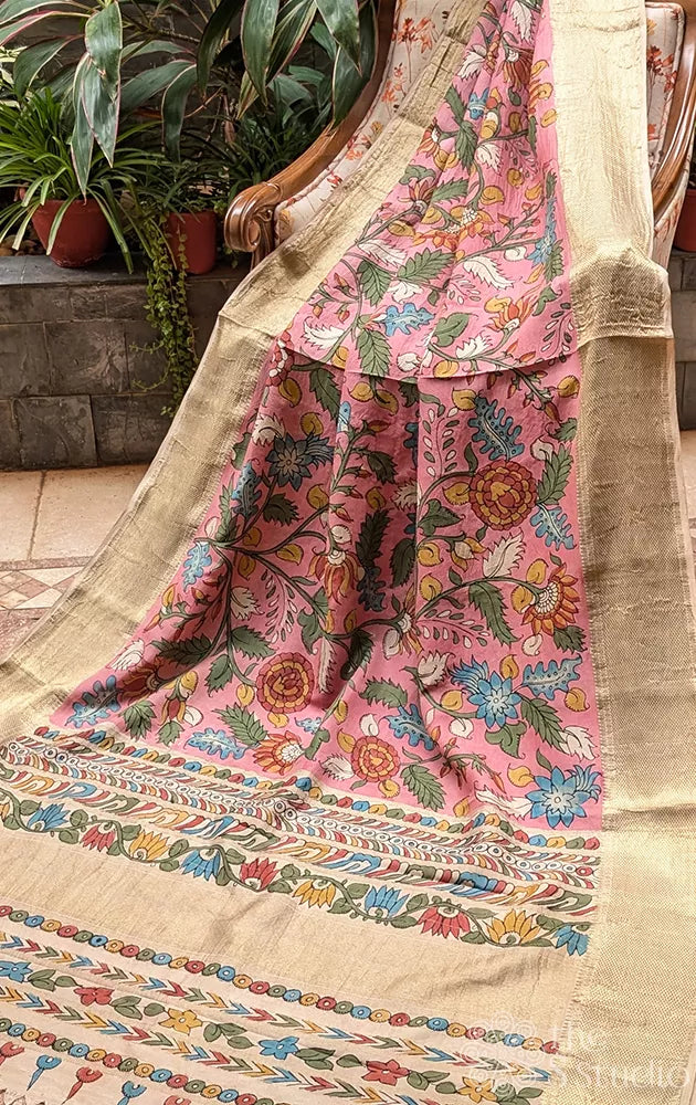 Pink pen kalamkari kanchi silk saree with zari border