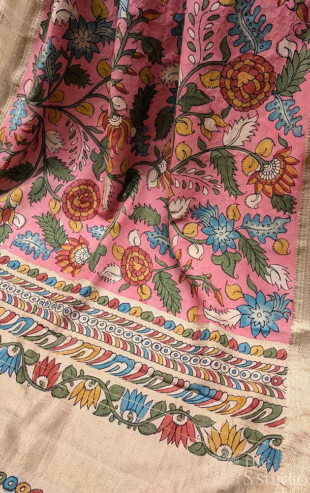 Pink pen kalamkari kanchi silk saree with zari border