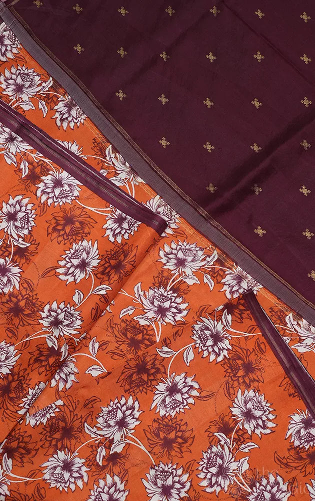 Rust kanchipuram silk saree with brown zari butta woven pallu