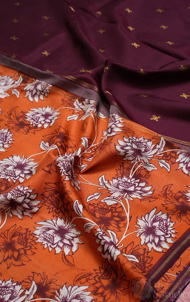 Rust kanchipuram silk saree with brown zari butta woven pallu