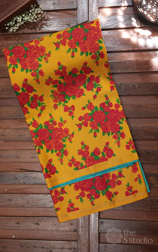 Yellow and sea green reversible digital printed kanchi silk saree