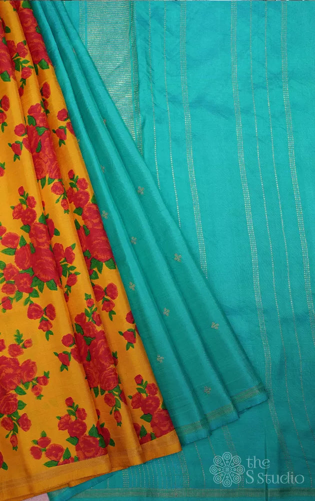 Yellow and sea green reversible digital printed kanchi silk saree