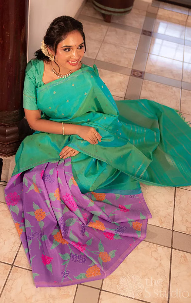 Lavendar print and sea green reversible kanchi silk saree