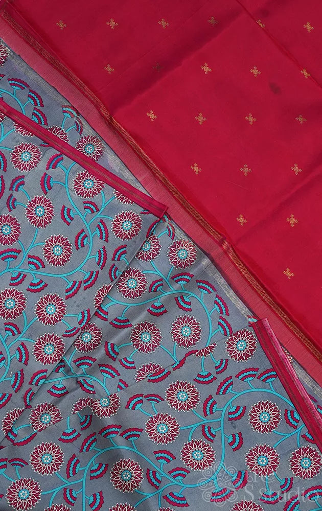 Grey printed kanchi silk saree with red pallu