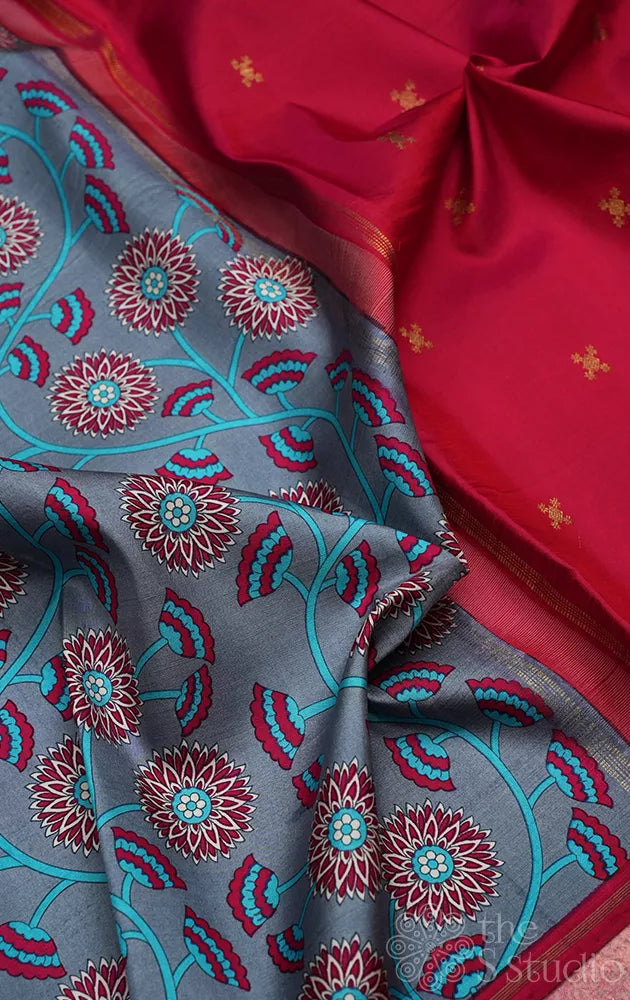 Grey printed kanchi silk saree with red pallu