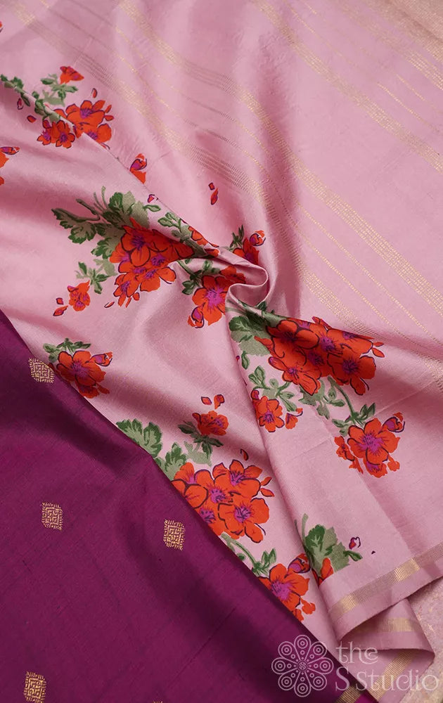 Onion pink & magenta half and half kanchi silk saree with floral prints