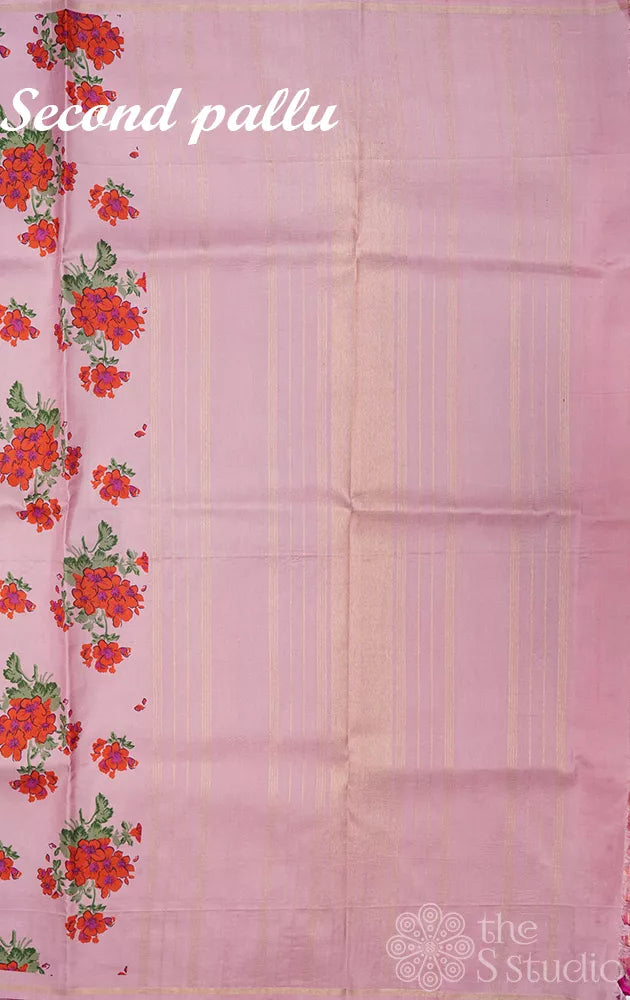 Onion pink & magenta half and half kanchi silk saree with floral prints