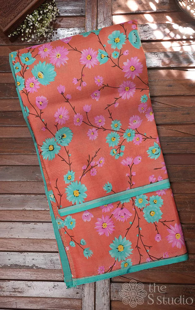 Peach kanjeevaram silk saree with floral print