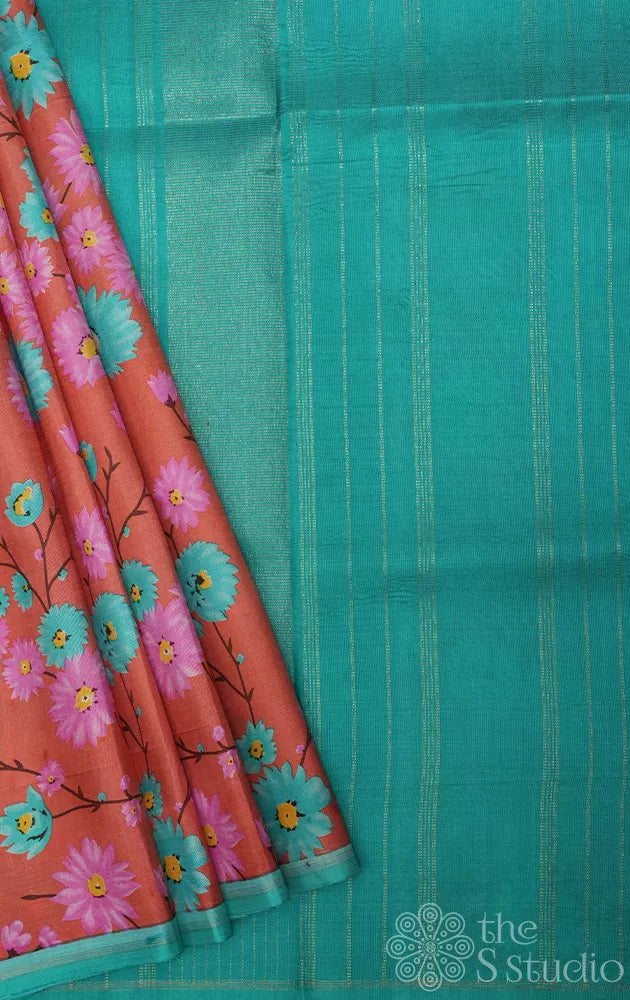 Peach kanjeevaram silk saree with floral print