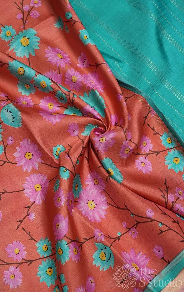 Peach kanjeevaram silk saree with floral print