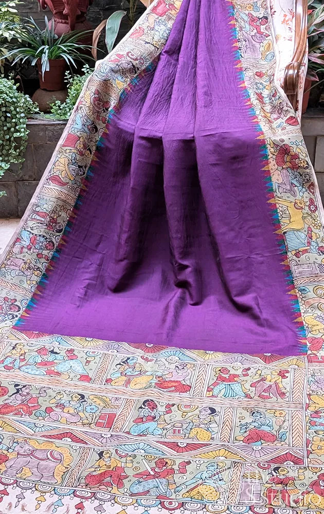 Violet ikkat silk saree with hand painted kalamkari in village theme