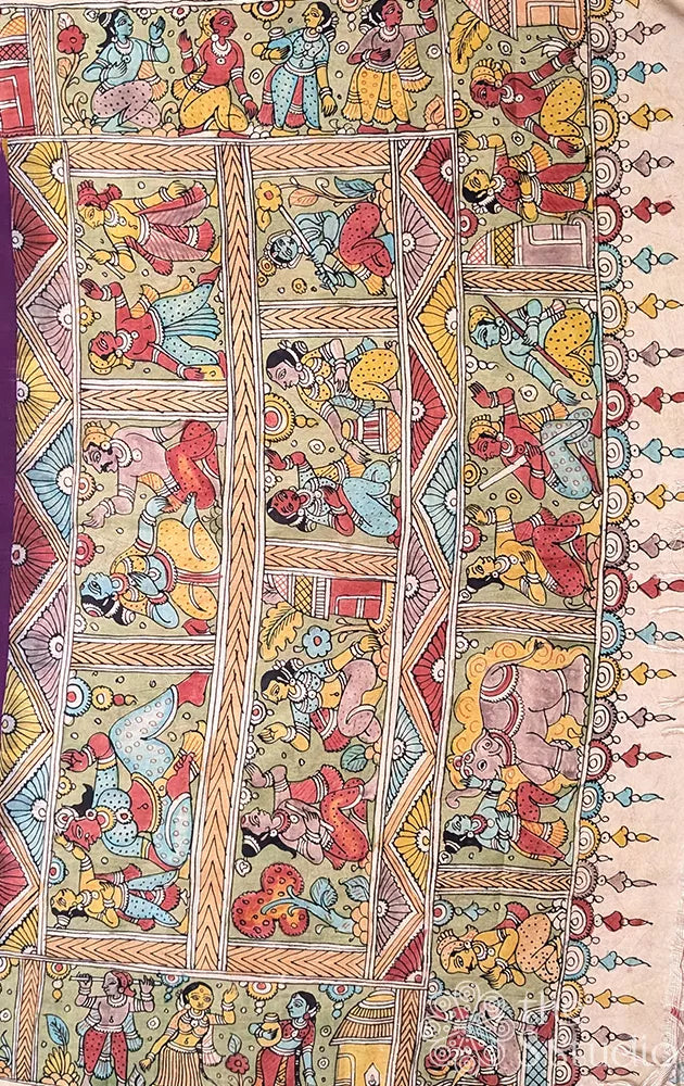 Violet ikkat silk saree with hand painted kalamkari in village theme