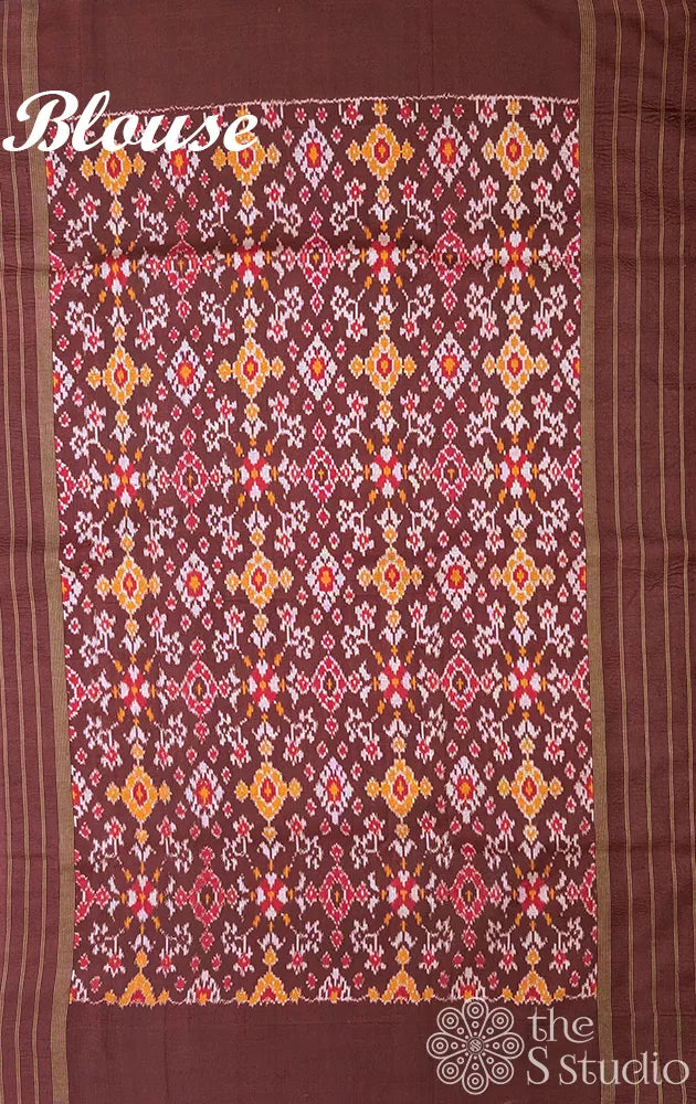 Beige hand painted kalamkari ikkat silk saree with brown ikkat border