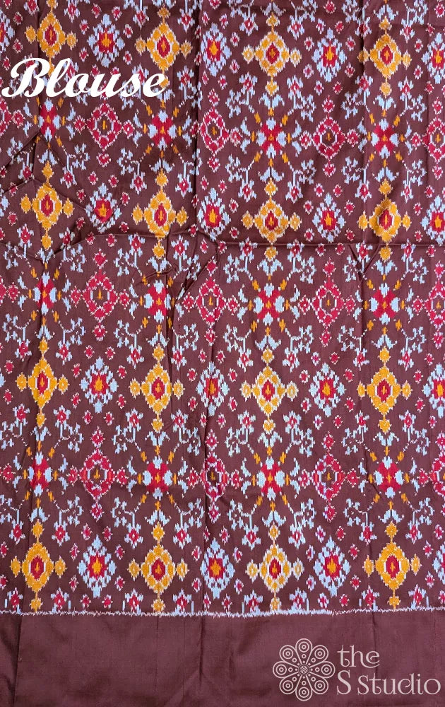 Beige hand painted kalamkari ikkat silk saree with brown ikkat border