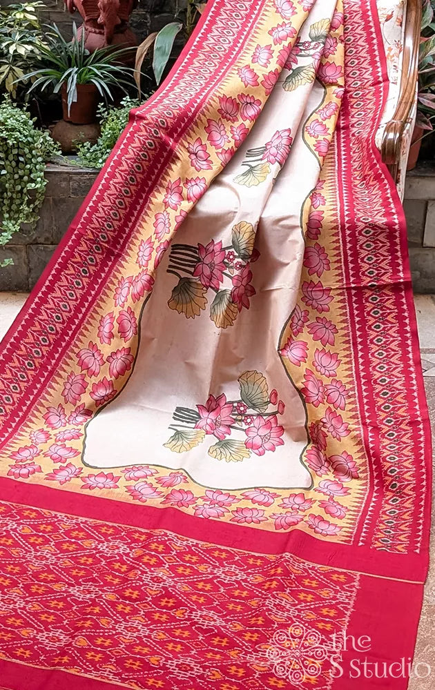 Cream ikat silk saree with hand painted kalamkari and red ikat border