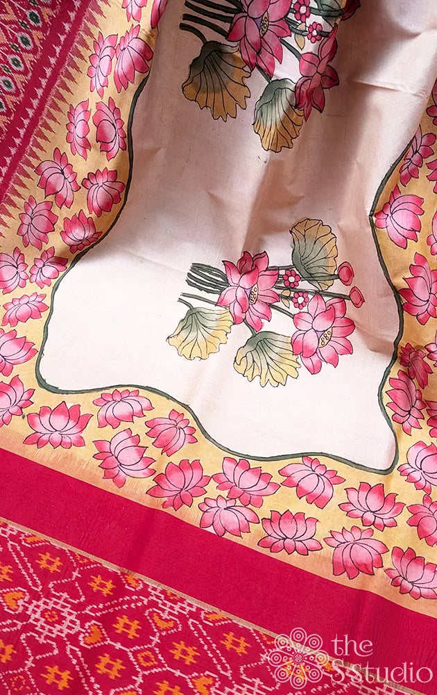 Cream ikat silk saree with hand painted kalamkari and red ikat border