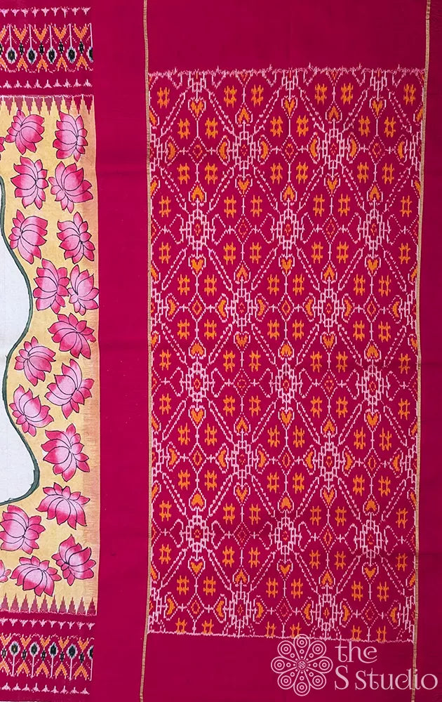 Cream ikat silk saree with hand painted kalamkari and red ikat border