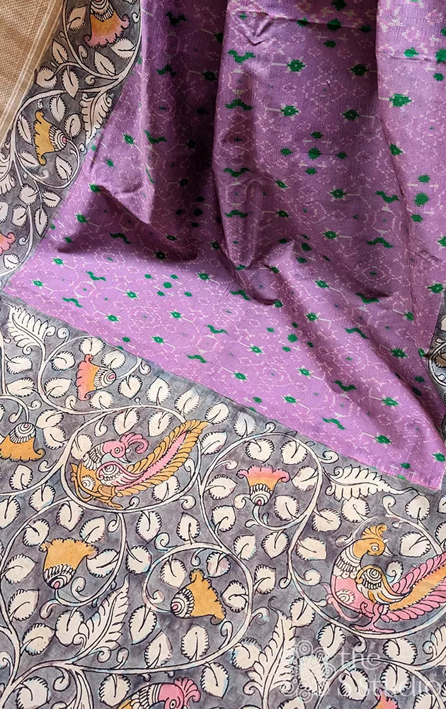 Lavender ikkat silk saree with grey hand painted pen kalamkari border