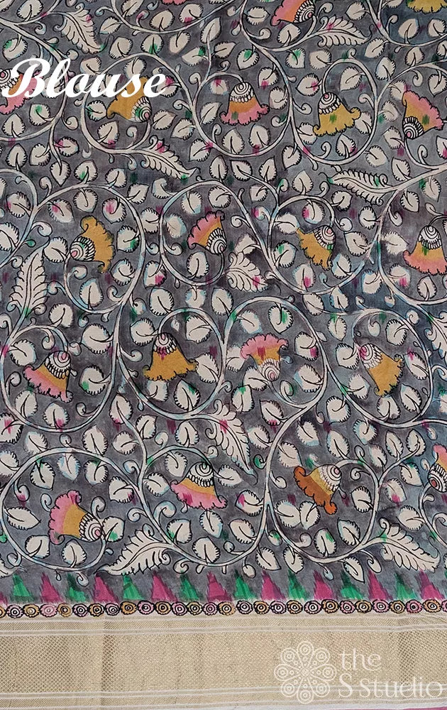 Lavender ikkat silk saree with grey hand painted pen kalamkari border